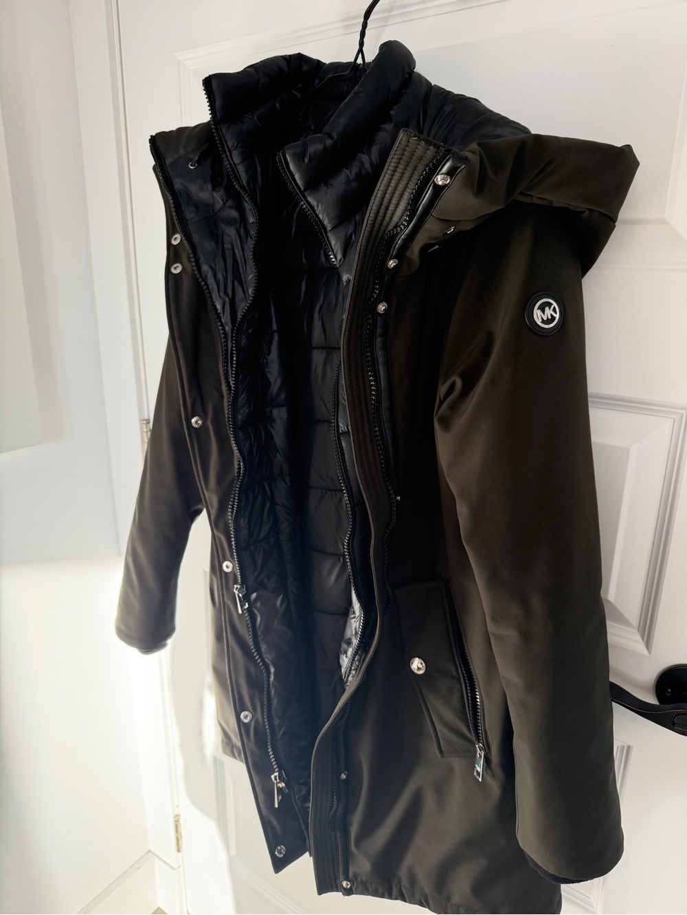 Michael Kors Black and Olive Hooded Quilted-Inner Parka